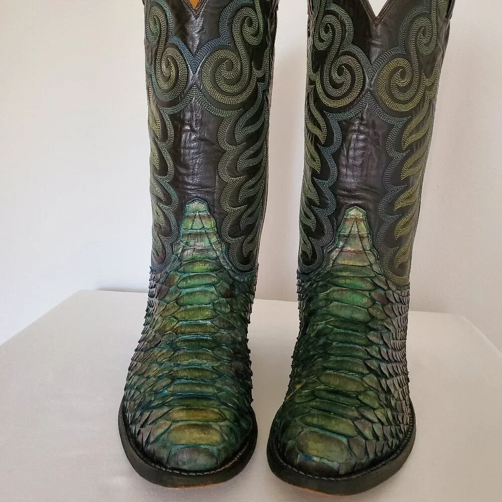 Tony Lama 8 1/2 painted blue green black western cowboy boots python snake skin